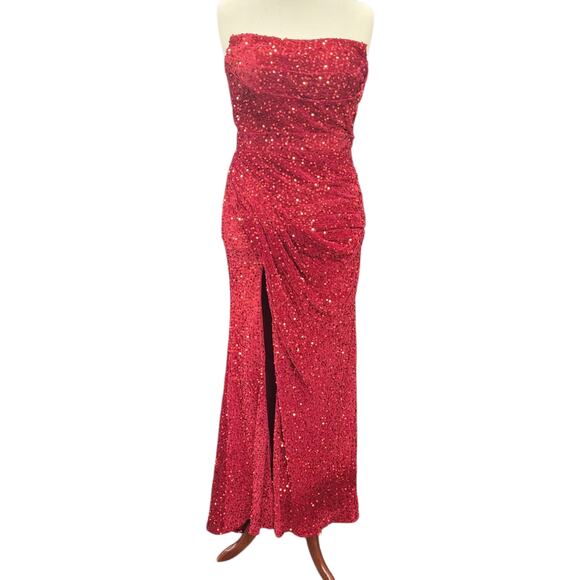 NWT Crimson Red Strapless Sequin Evening Gown with Corset Back on Velvet Fabric - Picture 1 of 13